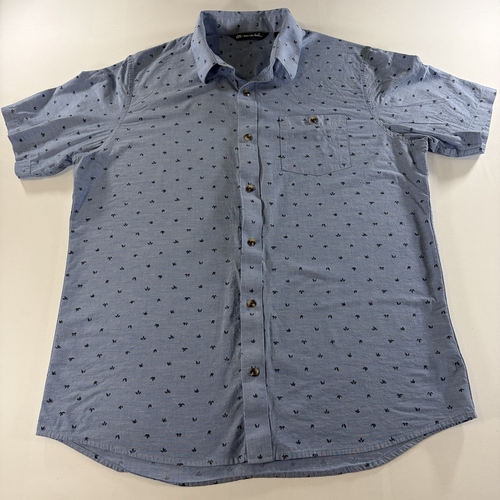 TravisMathew Mens L Blue Micro Print Short Sleeve Button Up Golf Shirt